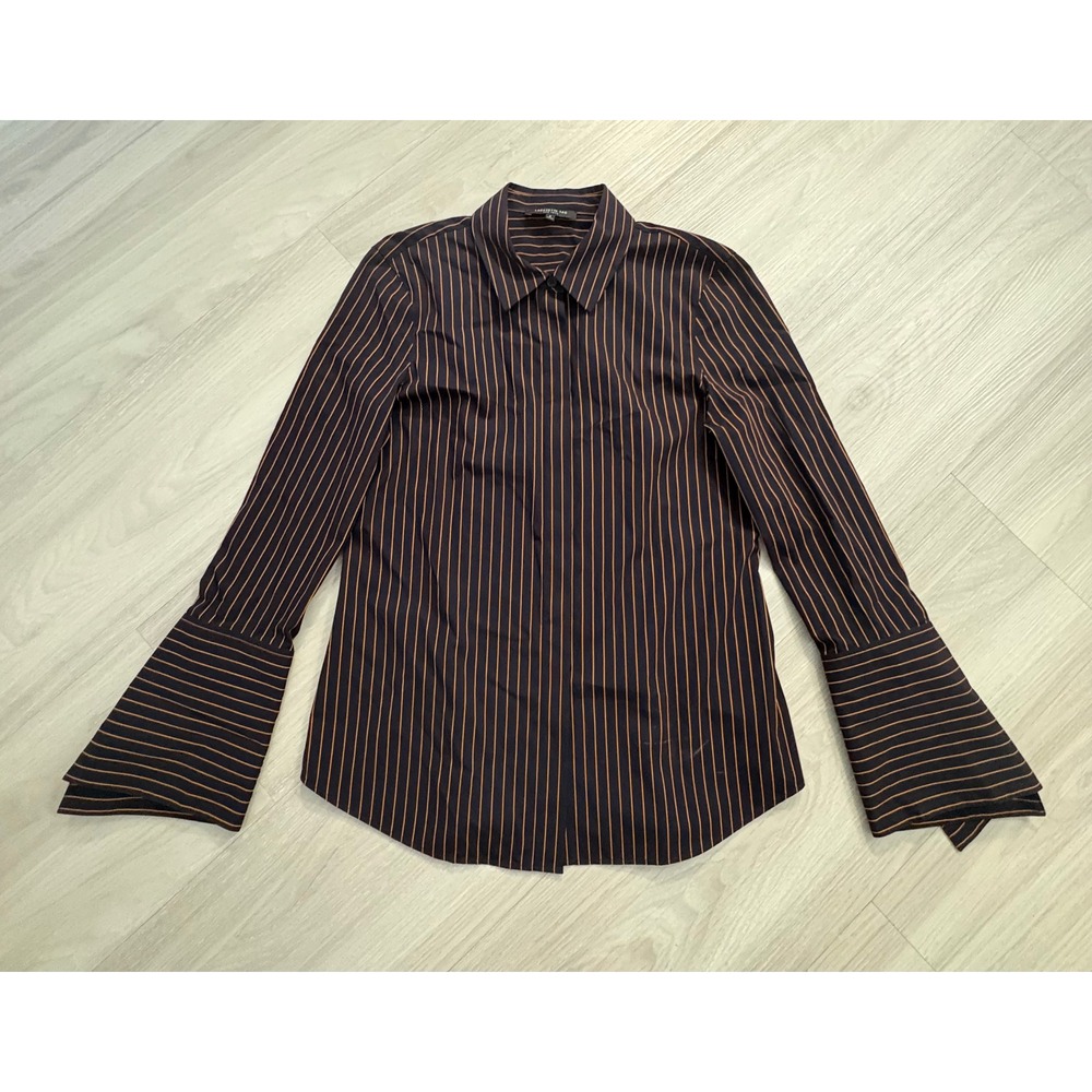 Lafayette 148 New York Women Shirt Navy Orange Striped Bell Cuff Button Down 4 - Picture 2 of 12